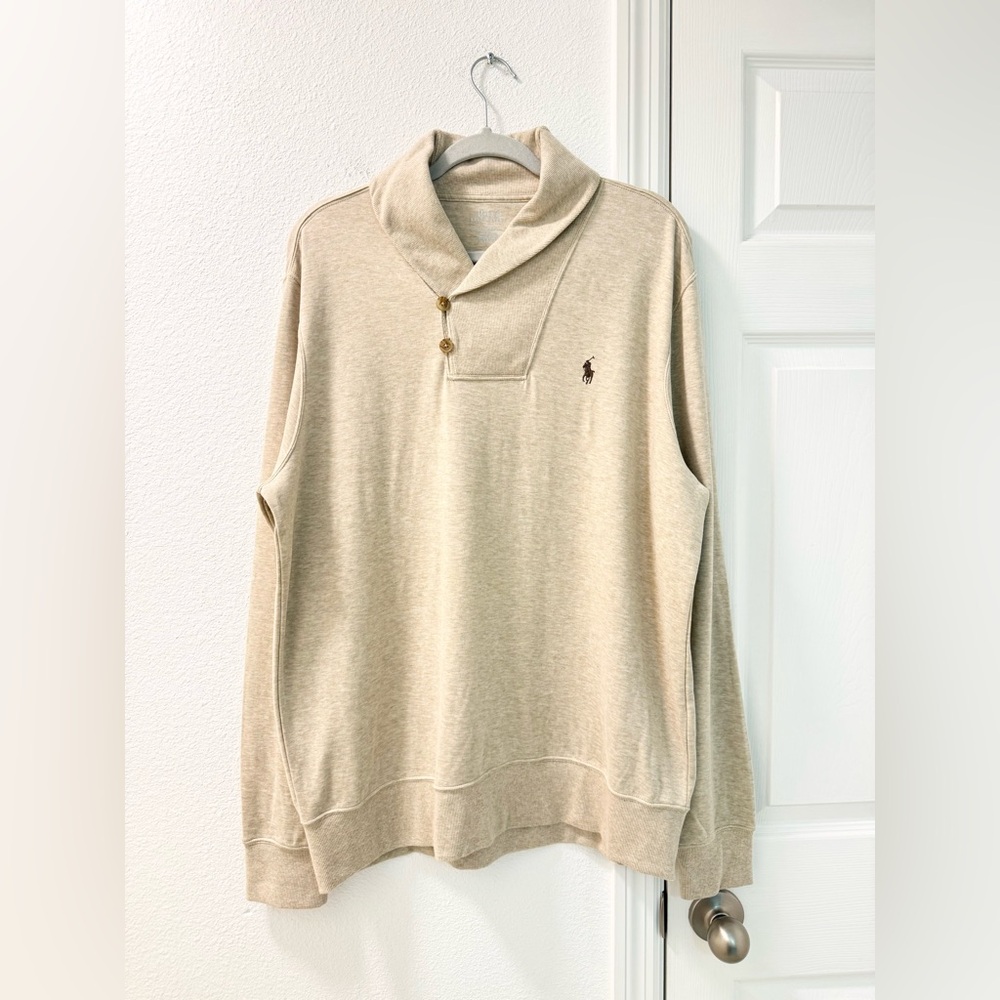 Polo Ralph Lauren Luxury Jersey Shawl-Collar Pullover size large cream Heather
